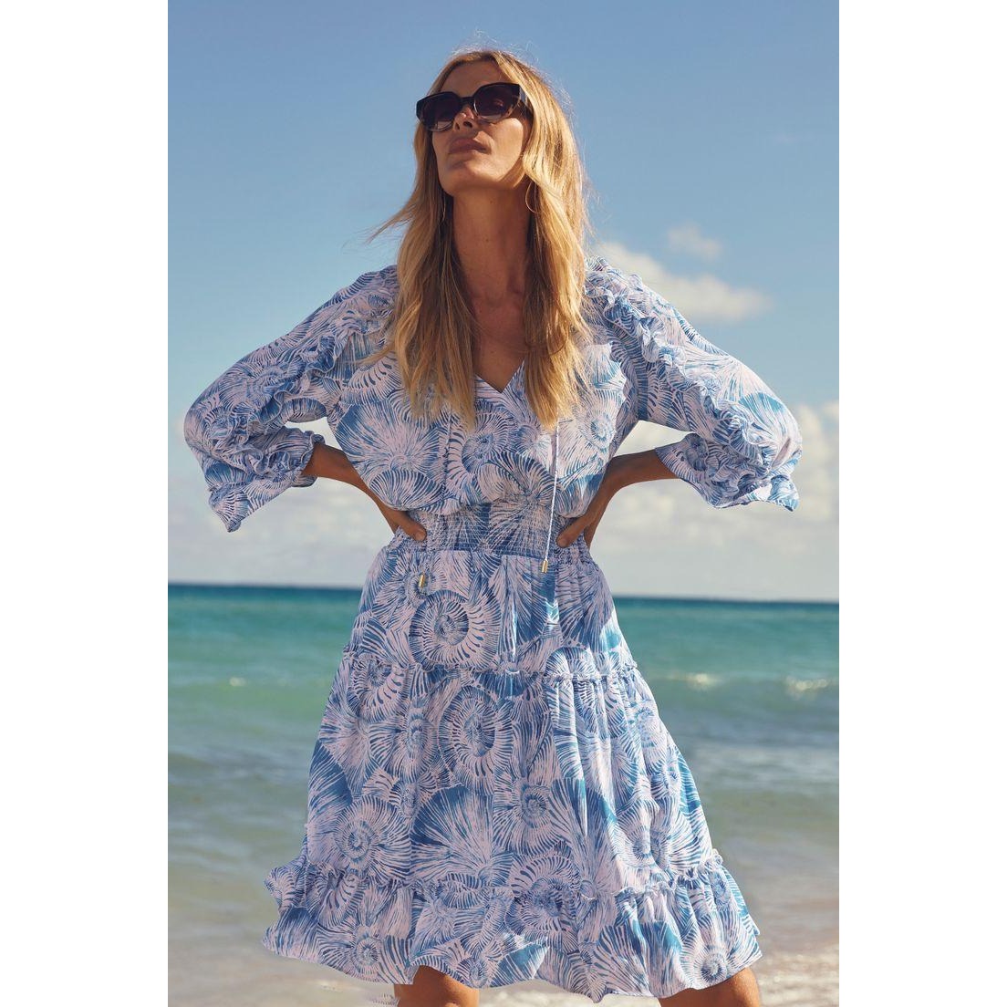 Chicos Blue White Seashell Print Smocked Waist Tiered Ruffle Dress Size 2 Us 12